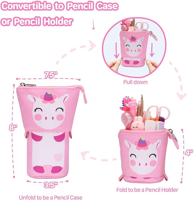Standing Pencil Case Girls - Telescopic Pouch for Kids, Cute Kawaii Pencil Case for Girls, Big Capacity Stand Up Pencil Pouch for Kids, Pink Unicorn