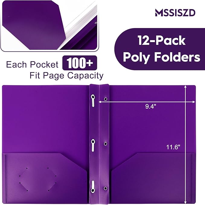 72-Pack Plastic Folders with Pockets and Prongs,2-Pocket Folders with 3 Fasteners, Holds 8-1/2" x 11" Paper for School/Office/Home, Purple