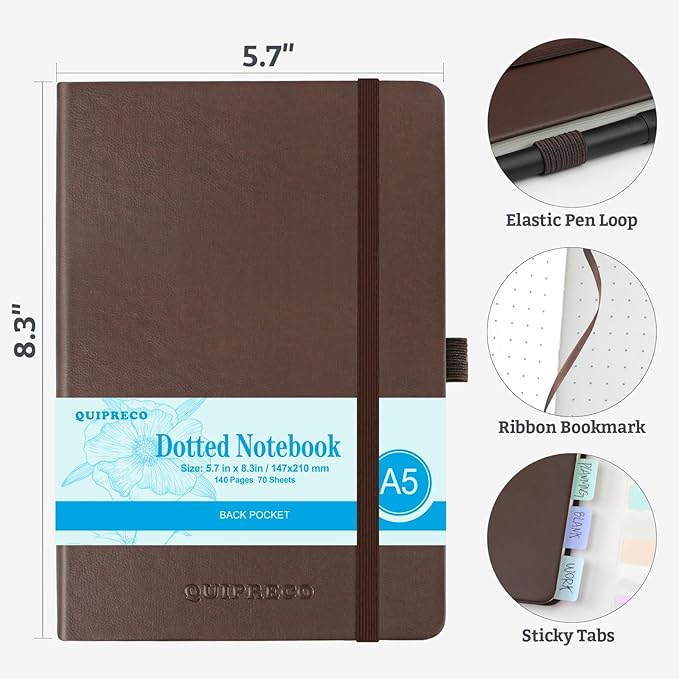 2Pack Bullet Dotted Journal Hardcover Notebook, A5 140 Pages 120Gsm Thick Paper for School,Note Taking,Work,Diary，5.7''*8.3'',Brown