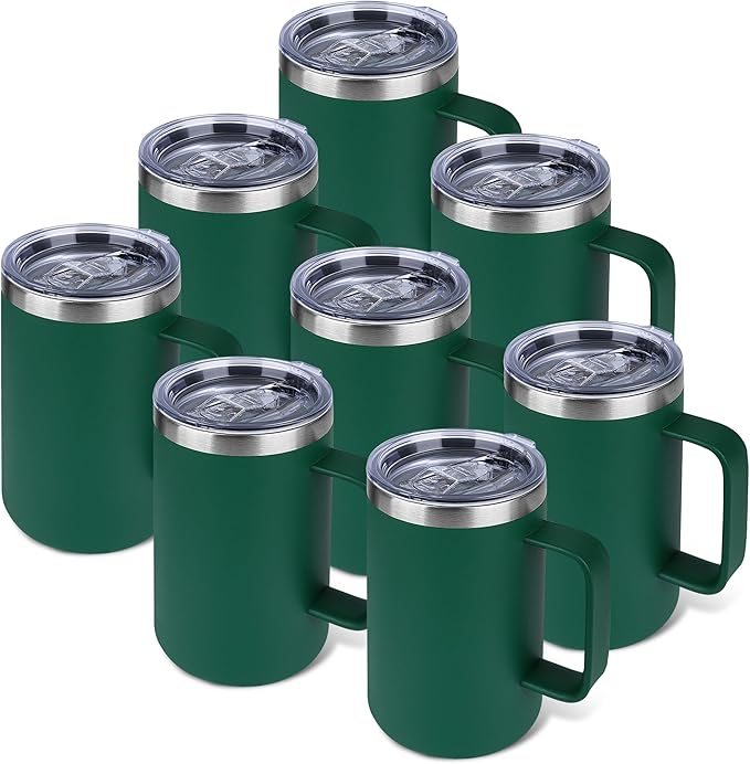 22oz Insulated Coffee Mug with Handle & Leak-Proof Lid - Double Wall Stainless Steel Travel Tumbler Bulk for Commute/Office/Home, Dark Green, 8 Pack