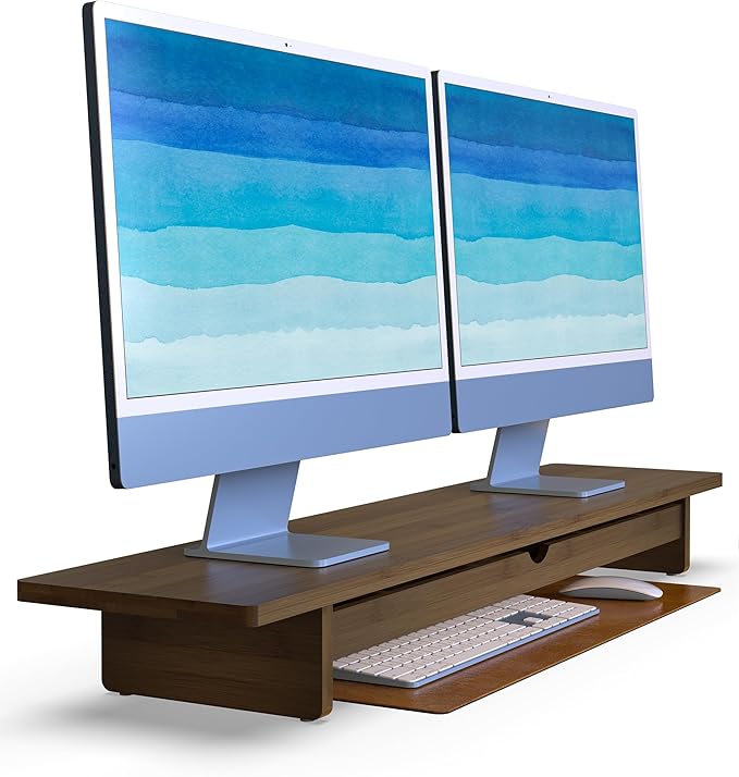 Bamboo Monitor Stand with Large Storage Drawer, 42 Inch Ergonomic Computer Riser for Desk, Screen Shelf with 7 Compartments for Keyboard & Stationery Organization, Dark Bamboo