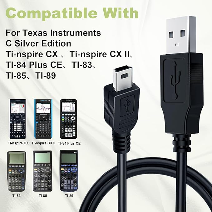 TI-84 Plus CE Calculator Charger: TI 84 Nspire Charging Cable - TI84 Graphing Calculator Charger Cord for Texas Instruments C Silver Edition Ti-nspire CX CAS II C TI-83 TI-85 TI-89 Data Cable (5ft)