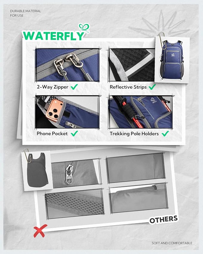 WATERFLY Packable Hiking Backpack, 20L Small Lightweight Foldable Daypack | Phone Pocket, Only 3 Steps Foldable, Breathable Shoulder Strap, Comfortable Folding Bag Pack for Women Men Travel Outdoor