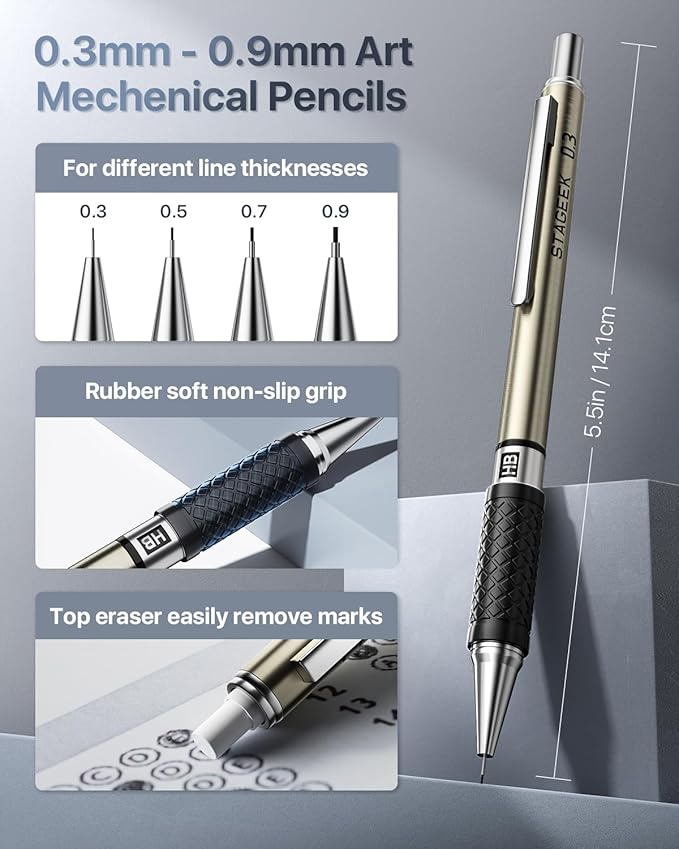 STAGEEK Mechanical Pencil Set with Case 37 Count, Drawing Pencils 0.3, 0.5, 0.7, 0.9MM & 2PCS 2MM Sketching Pencils with 492PCS Lead Refills (6B 4B 2B HB 2H 4H Color) for Artist Drafting Drawing