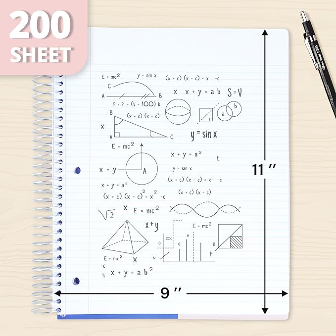 ONAVIA 5 Subject Spiral Notebook, 3 Pack, College Ruled, 9 x 11 in, 200 Sheets Each, Poly Cover School Notebooks for Study, Homework and Test Prep, Black, Purple, Beige
