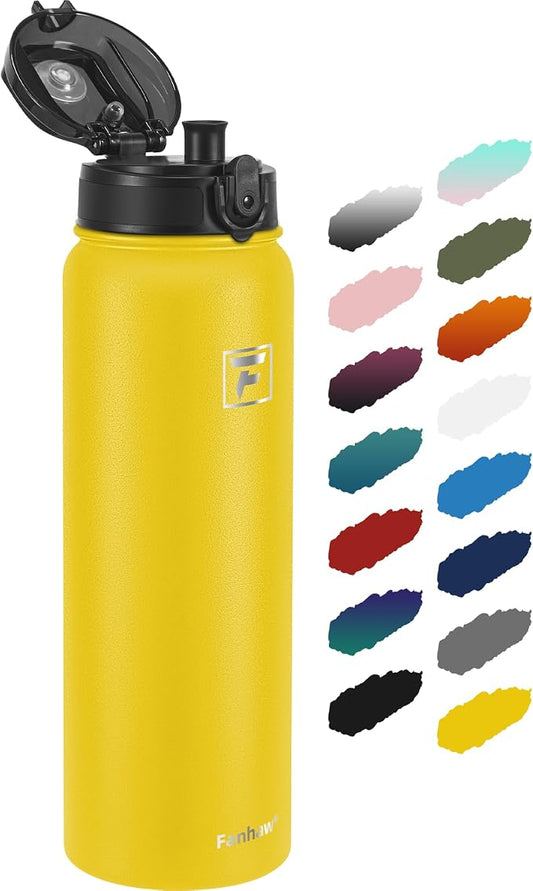 Fanhaw 32 oz Insulated Stainless Steel Water Bottle with Anti-Dust Chug Lid, Leakproof Vacuum Sports Bottle for Kids, Teens & Adults, Back to School Essentials (Yellow)