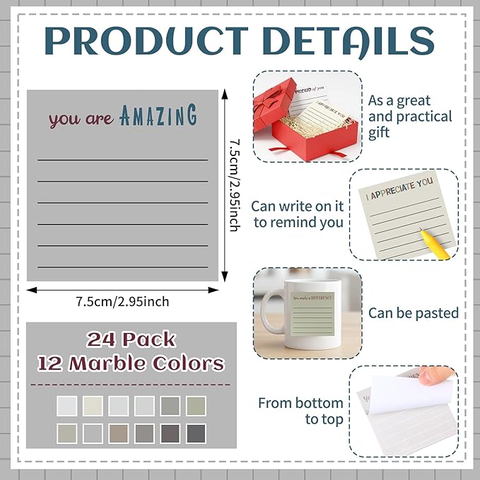 Yinder 24 Pcs Inspirational Sticky Notes Cute Motivational Sticky Notes Pad End of Year Employee Appreciation Gifts Bulk for Teacher Nurse Coworkers Office Supplies 3 x 3'' (Appreciation,Neutral)
