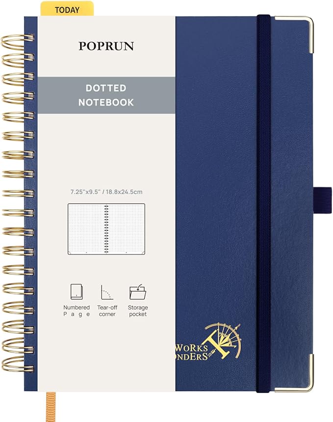 POPRUN Dotted Journal Spiral Notebook, B5-7-1/4 x 9-1/2", 220 Pages, 120 GSM Dot Grid Notebooks, Hardcover Spiral Journals for Writing Journaling Drawing Women Men Work School, Navy Blue