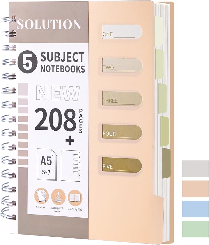 FLYING EAGLE Small 5 Subject Notebook College Ruled Spiral Notebook 5x7 with Dividers Tabs Waterproof Plastic Cover Thick Paper Notebooks for Work School, Orange
