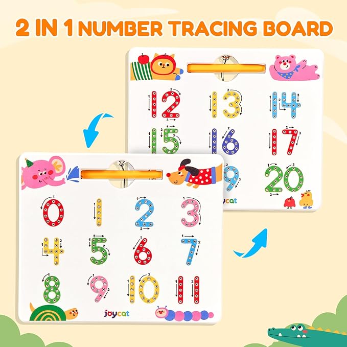 JoyCat Double-Sided Magnetic Animal Number Tracing Board - 2-in-1 Numbers 1-20 Writing Toys for Toddlers & Kids, Preschool Math Manipulatives, Kindergarten Educational Learning Gifts for 3-5 Year Olds
