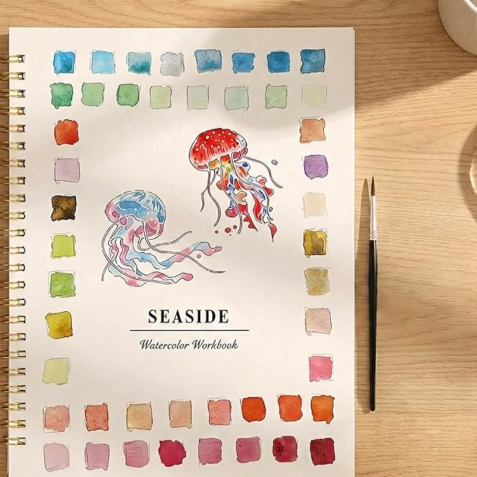 Beginner Watercolor Painting Kit with Seaside Watercolor Workbook, 12 Colors Watercolor Paint Set, Paint Brushes Included, Easy Art Set for Beginners