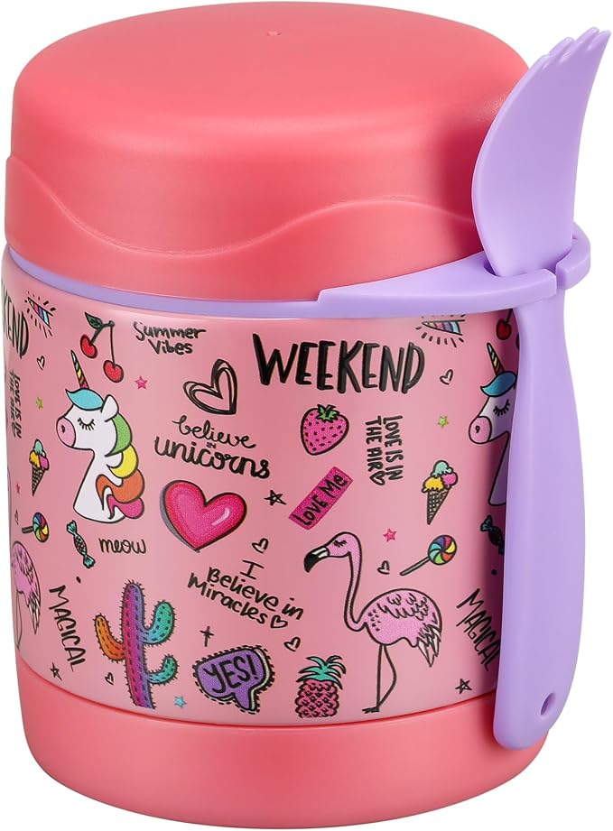 Pawtong 10oz Soup Thermo for Hot Food Kids Insulated Food Jar,Thermo Hot Food Lunch Container, Width Mouth Stainless Steel Lunch Box for Kids with Spoon (Pink-flamingo)