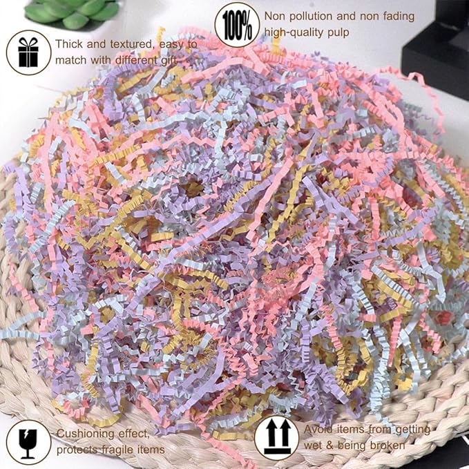 LYARCHTE Crinkle Paper Filler 5.2 oz, Easter Fake Grass Crinkle Cut Paper Shred Filler Shredded TissueRaffia Grass Paper for Gift Basket Packing Bag Filler (Mixed Color A)