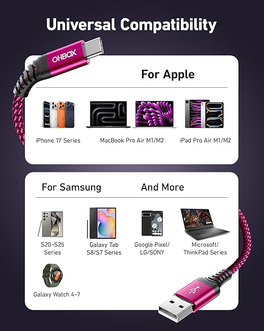 USB to USB C Cable 60W Fast Charging [2 Pack 6FT], USB A to USB C Cable for CarPlay, Durable Braided USB Type C iPhone Charger USBC Cord for iPhone 17/16/15/Pro Max, Samsung Galaxy S23 and More-Rose