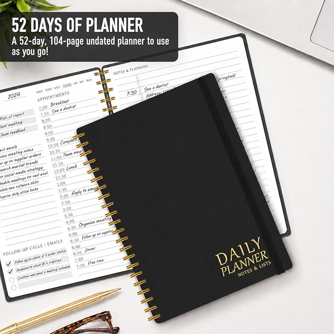 Daily Planner with Hourly Schedules - Undated To Do List Notebook for Work and Study, Spiral Bound, 5.5" x 8.5", Easily Manage Tasks and Appointments - Black