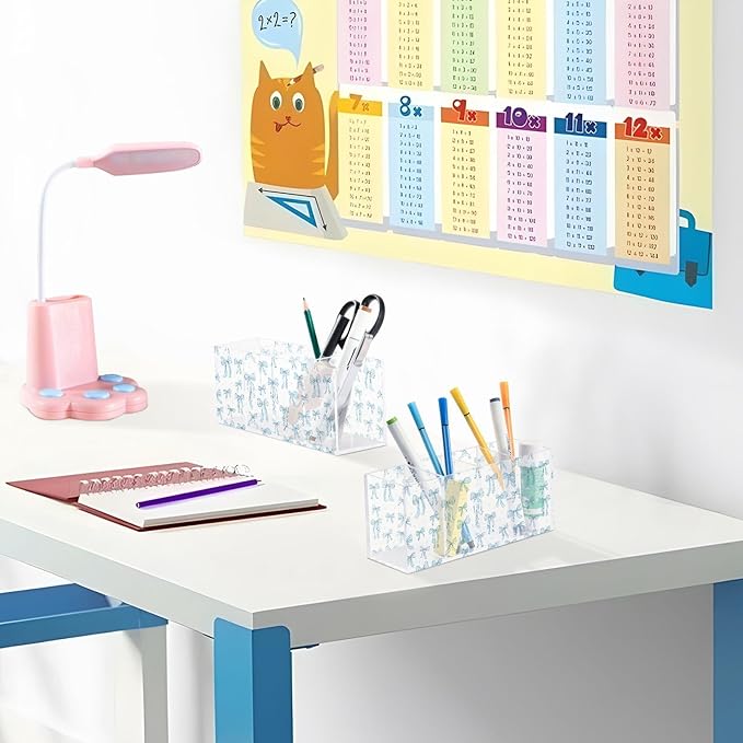 Aslsiy Doodle Bow Knots Blue Pen Holder Coquette 4 Compartments Acrylic Pencil Holder Clear Makeup Brush Holder Desk Organizer Office Supplies