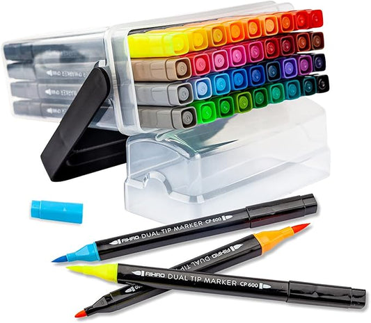 Markers for Kids,Dual Tip Markers Set, Brush & Fine Tips, 36 Pack, Super Washable Marker With Stand Portable Box, Coloring, Doodling, Sketching, Art Supplies for Drawing, Journaling