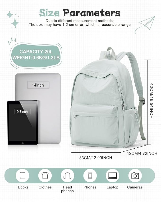 BJLFS Small Light Green School Backpack for Girls Women Waterproof High School Book Bag Cute Backpack for Men Teens Boys, Lightweight Simple Middle School Back Pack Daypack Gift