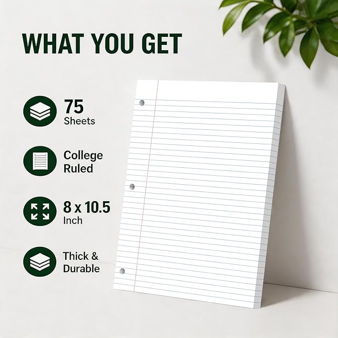 Loose Leaf Paper, 75 Sheets Notebook Lined Pads, 8 x 10.5 College Ruled Filler Paper, 3-Hole Punched Binder Paper for 3-Ring Binders, Double-Side Printed Note Pads for Home, Office, School, 1 Pack