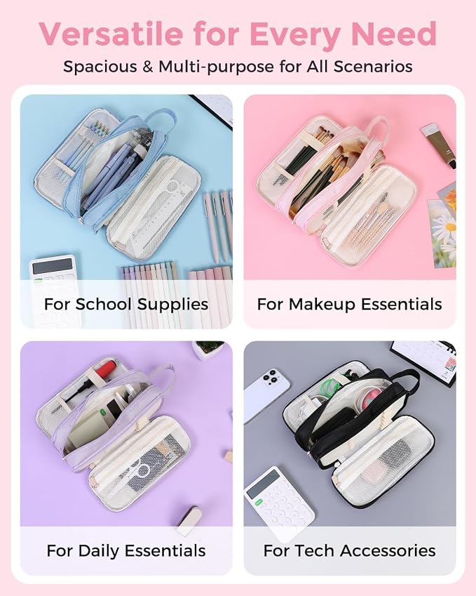 SKYDUE Large Capacity Pencil Case with Handle, 3 Compartment Canvas Pencil Pouch, Cute Soft Color Pencil Bag for Pens, Markers, Aesthetic Stationery and Organizer for Teen Girls Adult, Pink