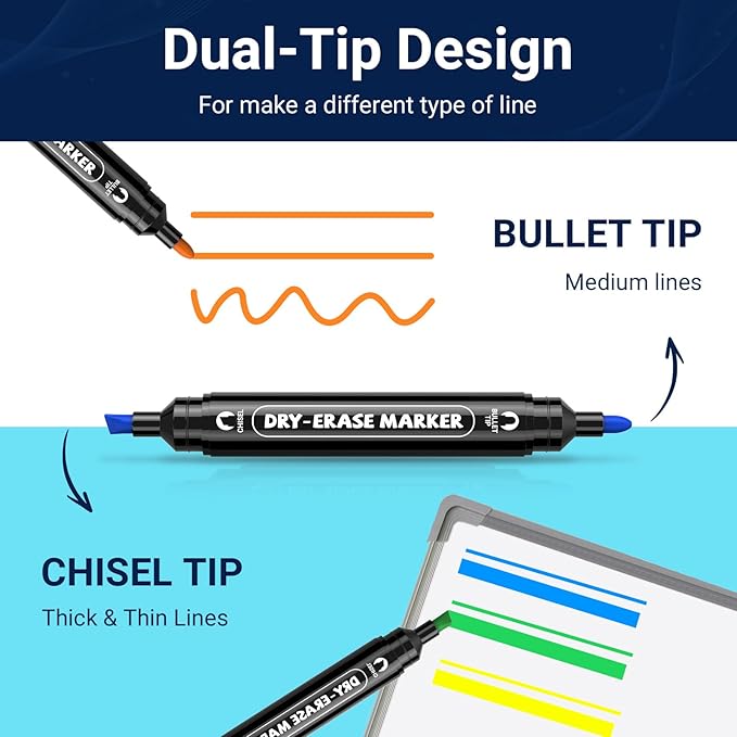 AKARUED 12 Colorful Dry Erase Markers: Dual Tip Dry & Wet Erase Marker With Thick Chisel& Bullet Tip, Double Sided Vibrant Whiteboard Markers for Whiteboard,Glass Board,Home,Office,Classroom Must-Have