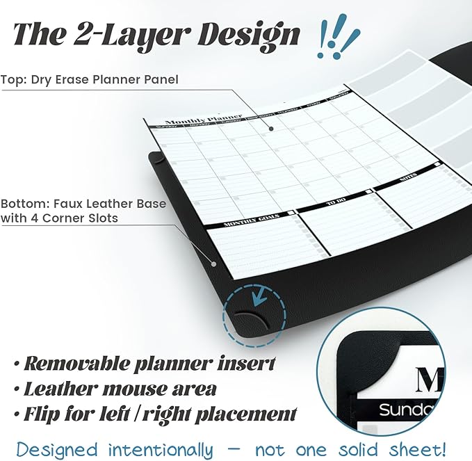 JJPRO Dual-Layer Black Dry Erase Desk Mat,Large Multi-Use Dry Erase Desk Calendar,Dry Erase Desk Pad,Double-Sided Faux Leather Desk Pad,Reusable Large Mouse Pad for Office, Home-16"x34"