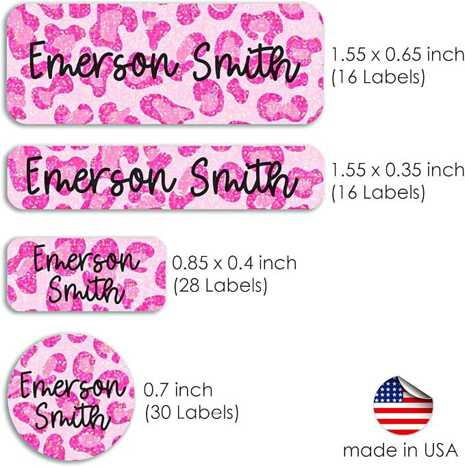 COACO Personalized Kids Name Labels, 90 Holographic Labels, Waterproof, Dishwasher Safe, Ideal for Daycare, Back to School Gift for Kids, Labels for Kids School Supplies (Pink Leopard)