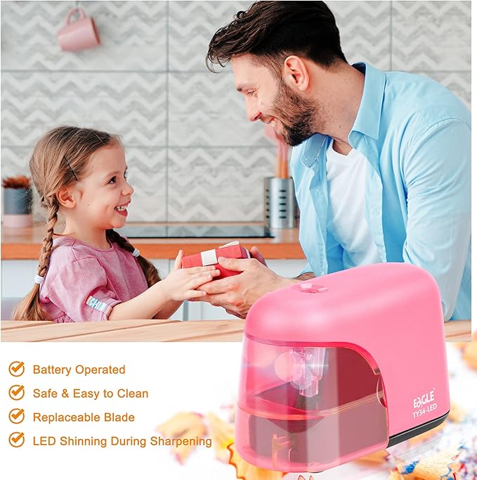 Eagle Electric Pencil Sharpener, Battery Powered Sharpener, LED Light Shinning During Sharpening, Portable, with Reusable and Replaceable Blade, Suitable for Kids, Ideal School Office Supplies (Pink)