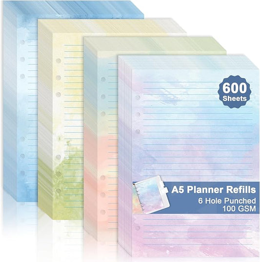 600 Sheet Watercolor A5 Refill Paper for Planner Inserts 6-Hole Loose Leaf Lined Filler Paper A5 Refillable Notebook Planner Accessories 100GSM for 6 Ring Binder Budget Planner Journal 5.6" x 8.2"