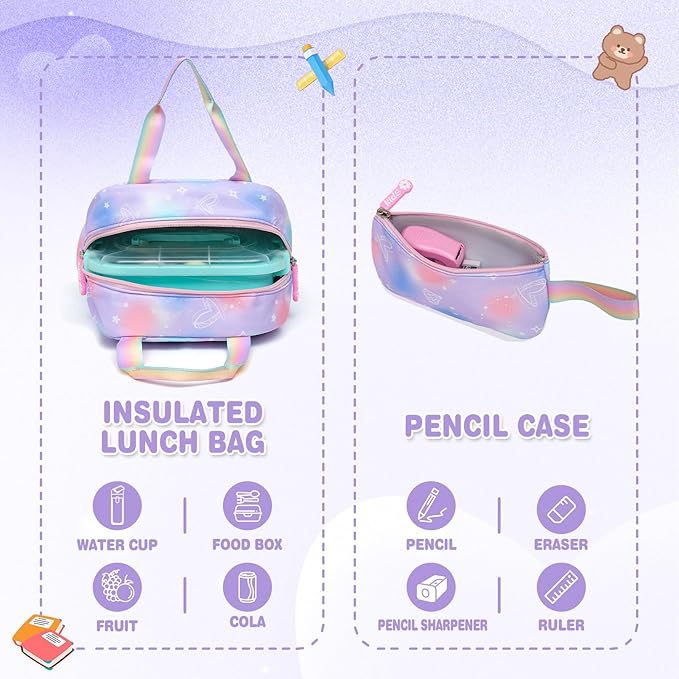 Alrisg Girls Backpack for Kids Elementary Middle School Cute Student Bookbag School Bag Purple Set