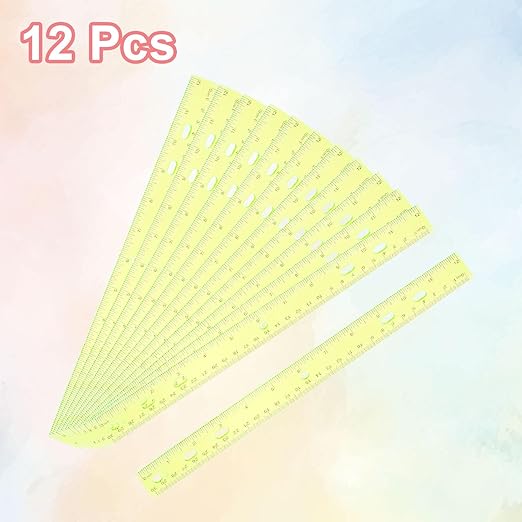 HARFINGTON 12pcs Plastic Rulers 12" (30cm) Clear Straight Ruler Measuring Tool Inches and Centimeters with Hole for Home Office Classrooms Drafting, Clear Yellow