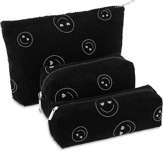 Huhumy 3 Pcs Makeup Bag Set for Women Corduroy Cosmetic Pouch Aesthetic Smile Travel Toiletry Bag Cute Purse Pouch Pencil Case Makeup Brushes Storage Organizer with Zipper(Black,Smile Face)