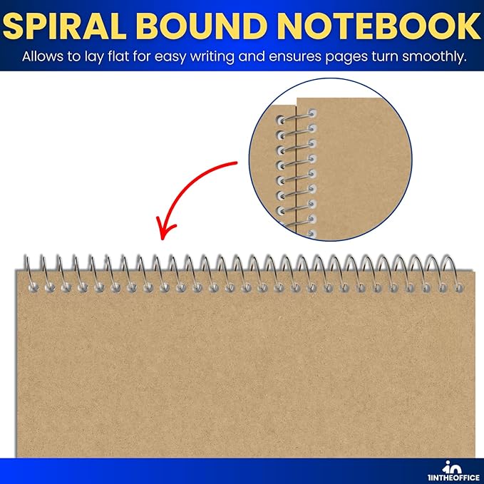 1InTheOffice Wirebound Spiral College Ruled Notebook 6 x 9, 3 Subject Notepad, Kraft Cover, 100 Sheets, (4/Pack)