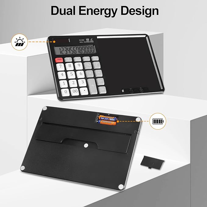 Calculator with Writing Pad - Solar & Battery Dual Power Supply - 12-Digit Large Display Calculator for Business and Office Use (HY-666S)