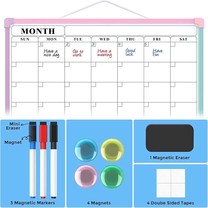 MaxGear Monthly Calendar Dry Erase Board for Wall, 16"x12" Small Hanging Double-Sided White Board, Portable Whiteboard for Planning, Drawing, Memo, to Do List, School, Home, Office, Macaron Frame