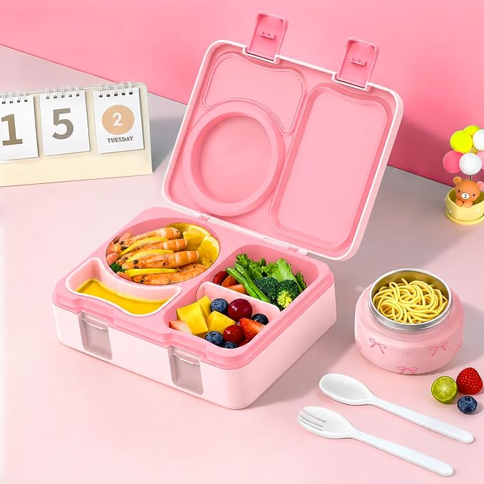 Kids Insulated Lunch Box with 8OZ Thermo Food Jar | Leakproof Bento Box with Ice Pack Sauce Cup Utensils Removable Tray & Dividers for School Daycare Travel, Bows