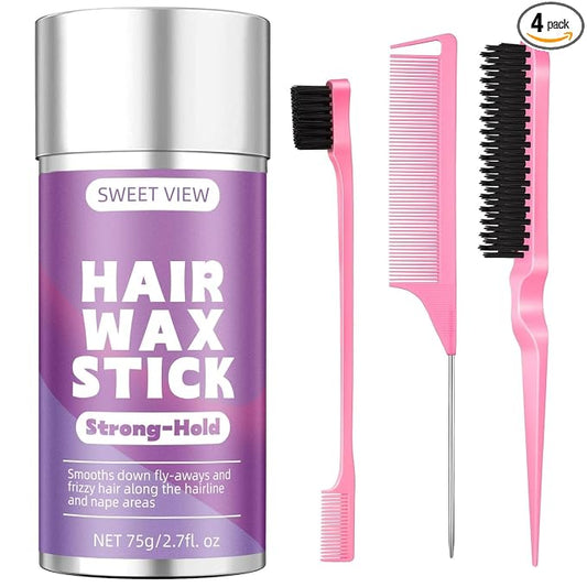 SWEET VIEW Hair Wax Stick & Slick Back Brush | Tames Flyaways, Frizz, Sleek Ponytails, Buns | Pomade/Balm/Gel Stick for Women, Styling Accessories for Girls