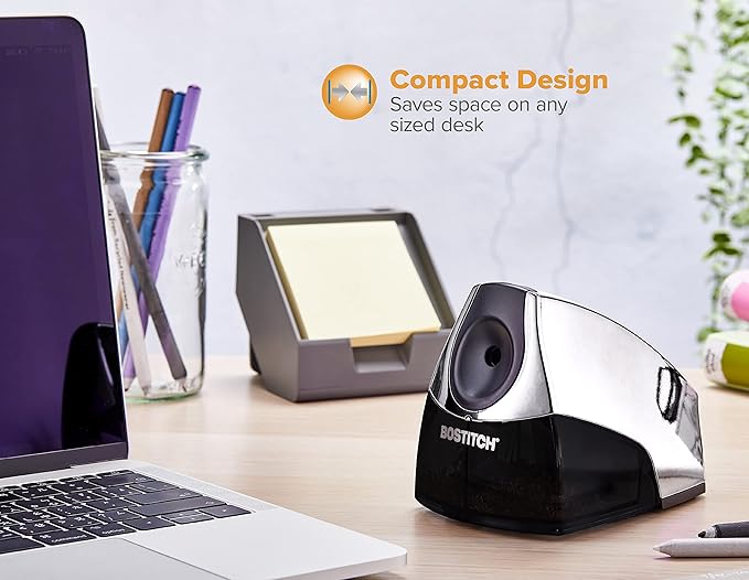 Bostitch Office Electric Pencil Sharpener for Classroom & Desk Use, Heavy-Duty Stall-Free Motor, High-Capacity Shavings Tray, Chrome