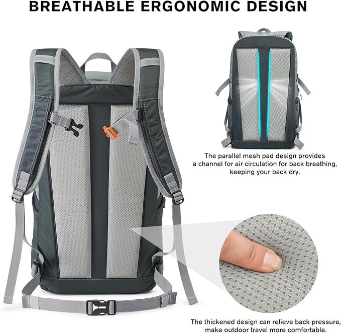 G4Free 30L Lightweight Hiking Backpack for Men Women, Airline Approved Day Pack for Travel, Bussiness Work, Easy Hike(Grey)