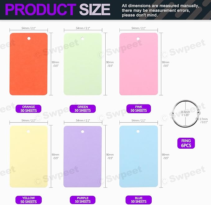 Swpeet 300 Sheets 2.1 x 3.5 Inch Colored Index Cards with Binding Rings, Notecards Index Cards, 6 Colors Easy Flip Flash Card Blank for School Learning Memory Recipe Cards Game Card