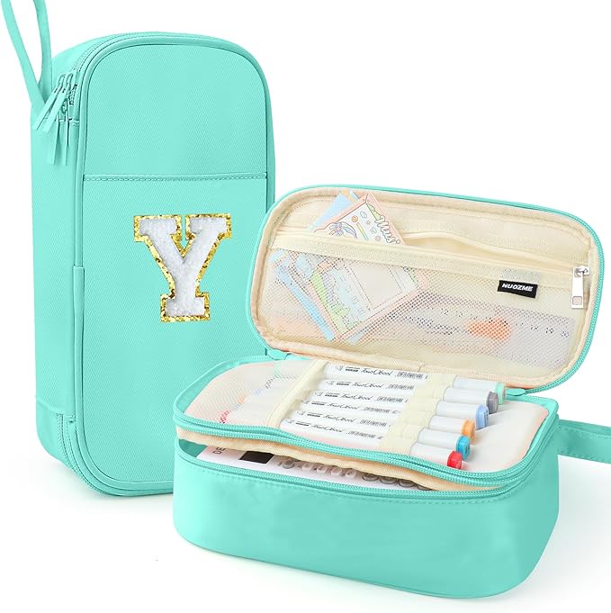 Large Pencil Case,Big Capacity Pencil Pouch,Personalized Initial Pencil Bag with smooth zipper,Multiple Pockets,Cute Aesthetic Stationery Pen Case Bag for Teen Girls College (Mint Green, Y)