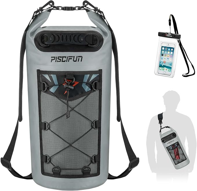Piscifun Dry Bag, Waterproof Floating Backpack 10L/20L/30L/40L | Waterproof Phone Case, Adjustable shoulder straps, Roll-top closure keeps gear dry, Ideal for Boating, Kayaking, Fishing