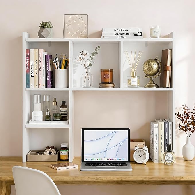 OOOK Desk Hutch, Desktop Bookshelf with 5 Shelves, Wood Desk Shelf for Computer, 3-Tier Desktop Bookshelf Organizer for Home Office Dorm, White