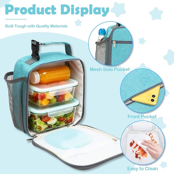 FlowFly Kids Lunch box Insulated Soft Bag Mini Cooler Back to School Thermal Meal Tote Kit for Girls, Boys, Sea Blue