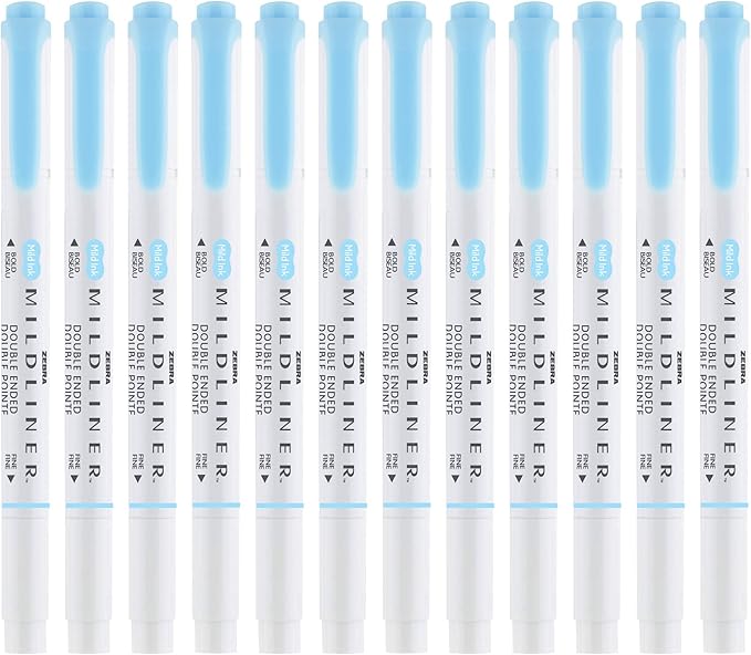 Zebra Pen Mildliner Dual-Tip Highlighters, Broad and Fine Tips, Ideal for Bible Highlighting, No Bleed, School Supplies, Teacher Supplies, and Office Supplies, Mild Blue Ink, 12-Pack (78120upc)
