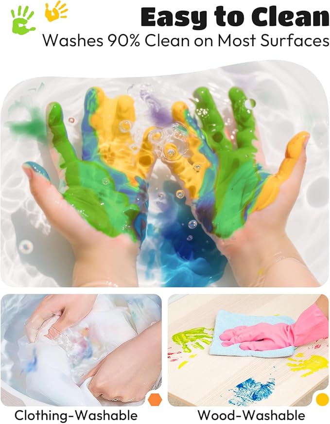 JUPITEARTH 28 PCS Finger Paint, Baby Safe Paints for Hand and Feet, Washable Paint for Kids, Non-Toxic 12 Vibrant Colors (1.22fl oz/36ml ) , Palette, Apron, Brush, Eye Stickers, Safe Preschool Art Supplies for Kids