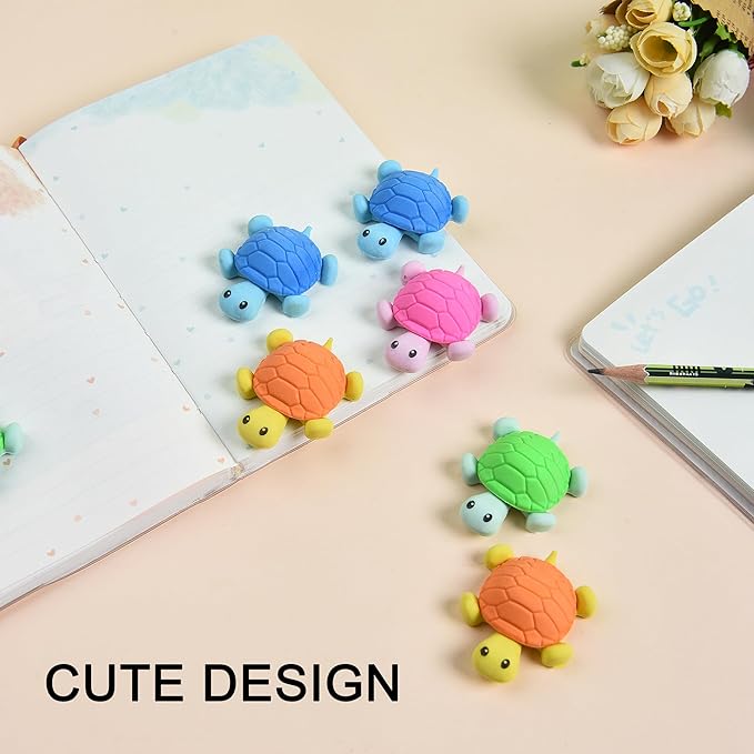 HILAZA 16 Pcs Cute Turtle Pencil Erasers for Kids, Novelty Rubber Turtle Desk Pet Erasers for Classroom Favors Party Supplies