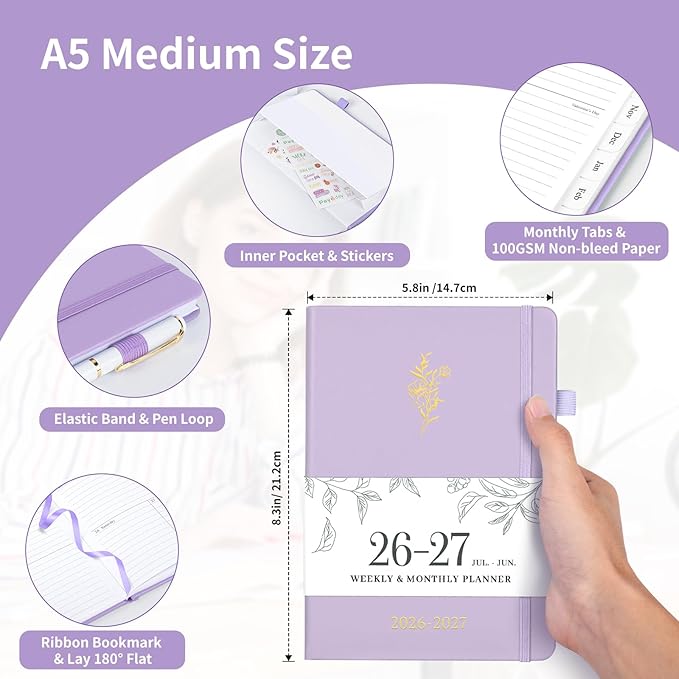 Planner 2026-2027, Weekly and Monthly Planner with Tabs from Jul 2026 - Jun 2027, A5 Hardcover Academic Calendar with Date for School & Office Schedule, 5.8" x 8.3", Purple
