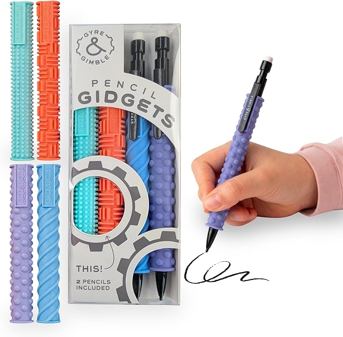 Gyre & Gimble Pencil Gidgets – Textured Silicone Pencil Sleeve for Quiet Fidgeting – Transform Your Mechanical Pencil into a Sensory ADHD Tool for Kids and Adults – 4 Sleeves & 2 Pencils