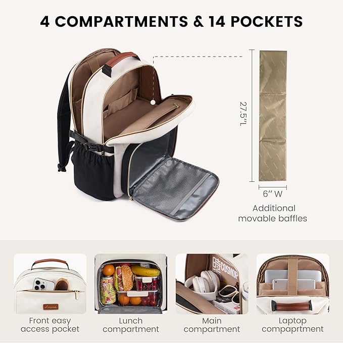 LOVEVOOK Lunch Backpack with Lunch Compartment,17 Inch Laptop Work Travel Insulated Cooler Backpack, Waterproof College Teacher Lunch Bag Box with Tumbler Holder,Gifts for Men Women,Beige-Pink-Brown